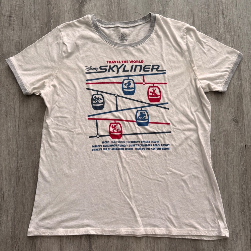Disney Parks Skyliner Travel The World Ringer T-Shirt Cream Gray 2XL
